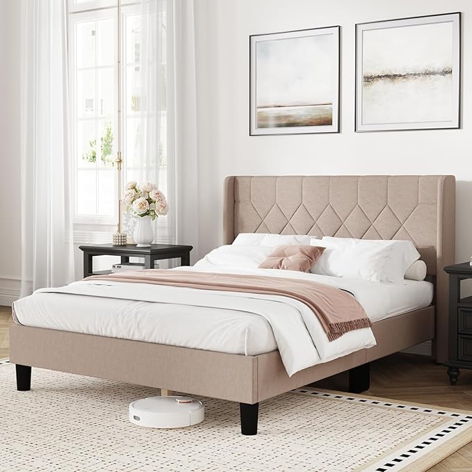 Novilla Queen Size Bed Frame, Queen Bed Frame with Headboard, Linen Upholstered Pull-Point Wing Side Headboard, No Box Spring Needed, Heavy Duty Feet, Easy Assembly, Beige