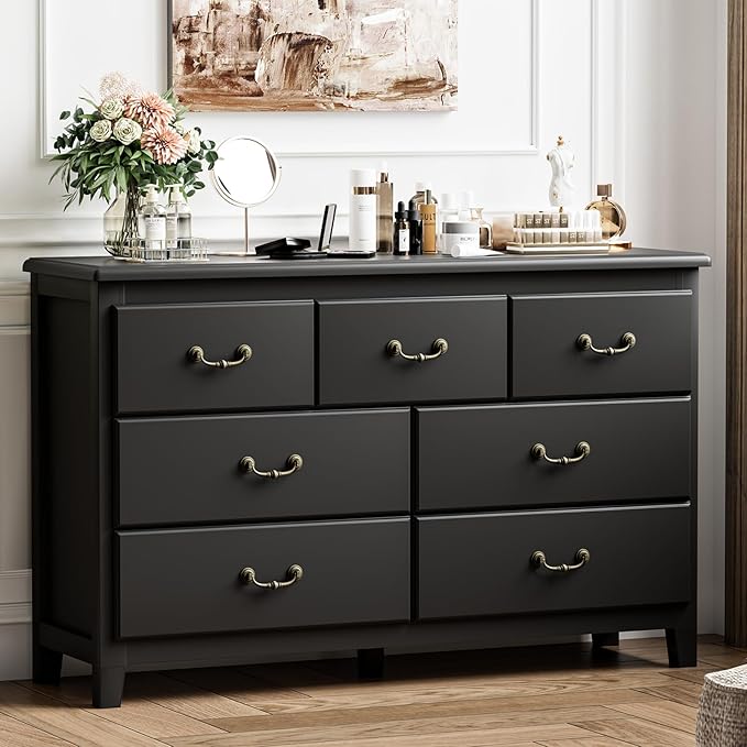 Black Dresser for Bedroom, Modern Style 7 Drawer Dresser with Vintage Gold Antique Handles, Chest of Drawers for Bedroom, Antique Black