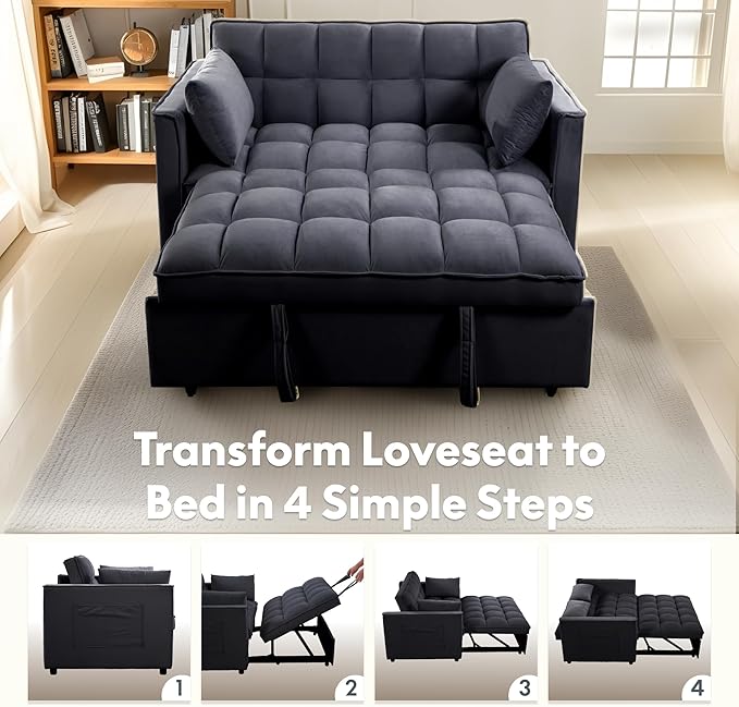 FLEXISPOT XCT4 3-in-1 Convertible Loveseat Sofa Bed for Small Spaces, Velvet Pull Out Couch with Adjustable Backrest, Compact Twin Sleeper Chaise Lounge Futon for Apartment Dorm RV Guest Room, Black
