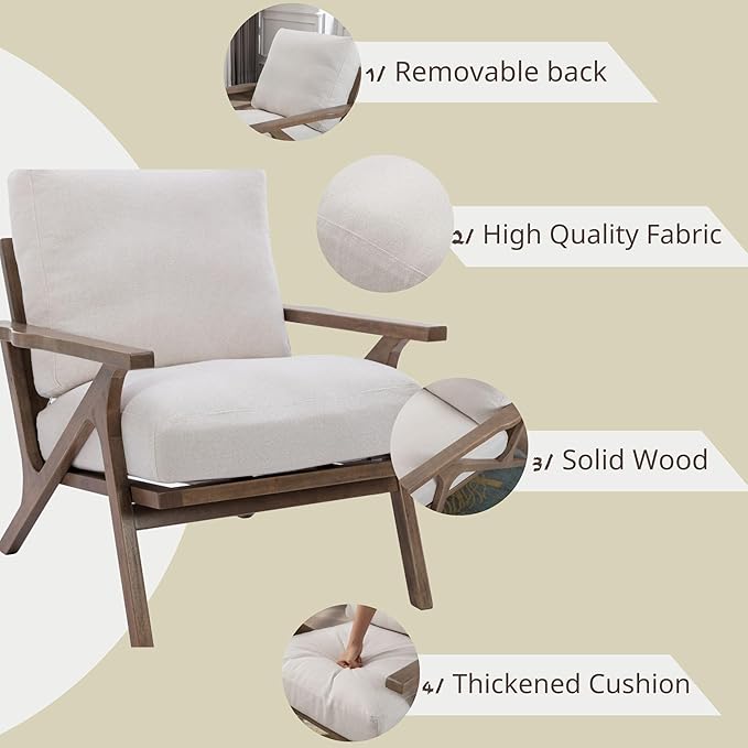 Wahson Set of 2 Mid Century Arm Chairs and Ottomans, Upholstered Accent Armchair with Wood Frame and Linen Cushions, Leisure Slipper Chair for Living Room/Bedroom, Cream