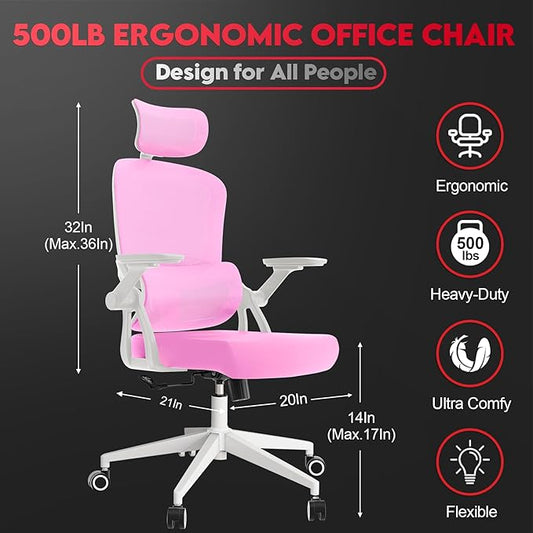 Ergonomic Office Chair - 400LB Comfy Desk Chairs with Adjustable Headrest and Lumbar Back Support, Mesh Computer Chairs with Wheels and Arms for Home Office, Study, Bedroom and Dorm (01pink)