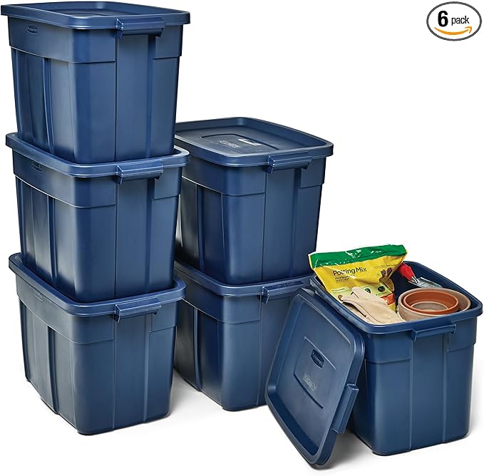 Rubbermaid Roughneck Tote 18 Gal, 6 Pack, Made in USA, Dark Indigo Metallic, Rugged Plastic Stackable Storage Bins with Lids and Handles