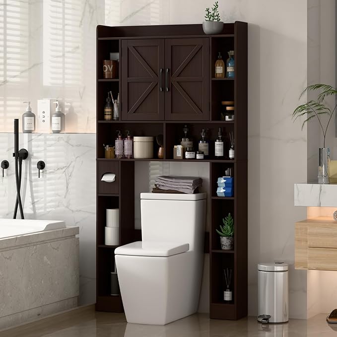 Farmhouse Storage Cabinet Over Toilet with Barn Doors,Over The Toilet Storage Cabinet, Home Space-Saving Toilet Rack, for Bathroom, Restroom, Laundry.Espresso