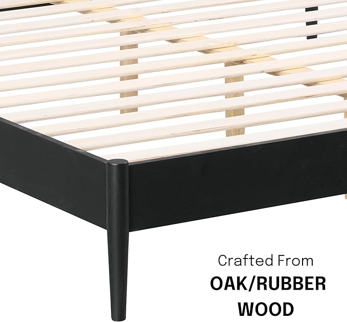 NTC Lupin Wooden Bed Frame with Headboard and Natural Rattan, Solid Oak Foundation with Silent Slats, 1000 Lb Capacity, Effortless Assembly, Queen - Burnt Black