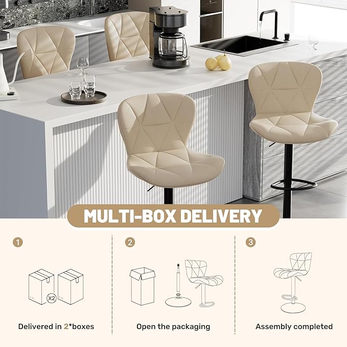Bar Stools Set of 4,Adjustable Swivel Barstools, Faux Leather Bar Chairs,Upholstered Counter Height with High Backrest for Kitchen Island, Khaki