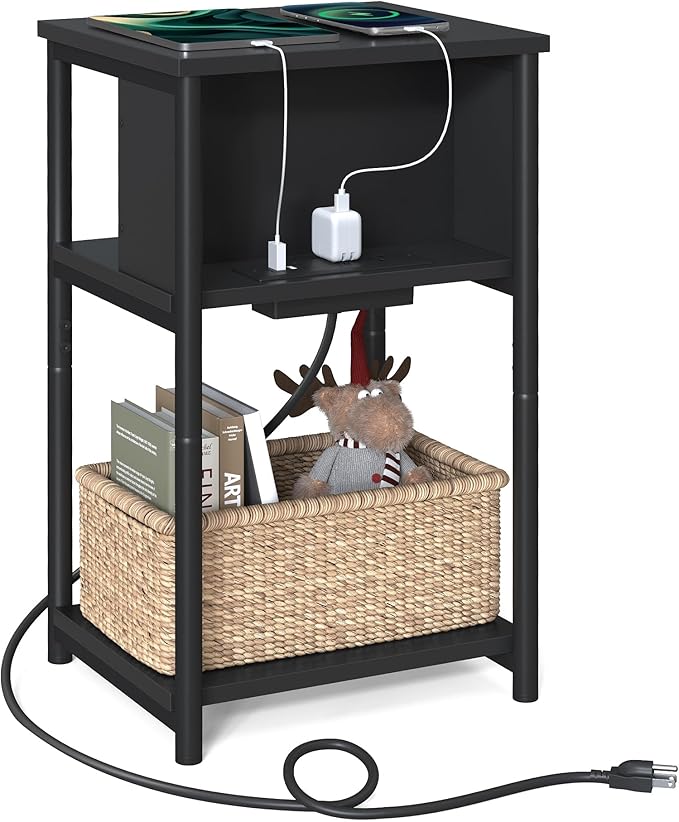 VASAGLE Side Table with Charging Station, 3-Tier End Table with USB Ports and Outlets, Nightstand for Living Room, Bedroom, 11.8 x 13.4 x 22.8 Inches, Plug-in Series, Black