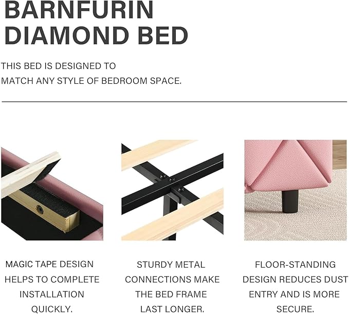 BarnFurin Full Size Bed Frame, Upholstered Platform Bed with Button Tufted Headboard, Princess Bed Frame with Diamond Design, No Box Spring Required, Easy Assembly, Pink