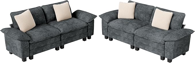 L-Shaped Cloud Modular Sofa Set, 4-Piece Double Loveseat Sectional w/Deep Seat & Removable Arms, Plush Chenille for Living Room - Cyan