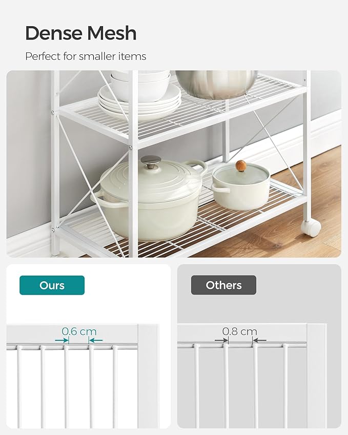 SONGMICS 3-Tier Metal Storage Rack with Wheels, Mesh Shelving Unit with X Side Frames, 23.6-Inch Width, for Entryway, Kitchen, Living Room, Bathroom, Industrial Style, White UBSC163W01
