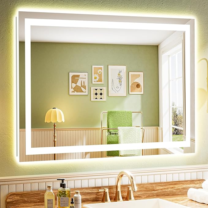 50x36 Inch LED Bathroom Mirror with Lights Front and Backlit Lighted Vanity Mirror for Bathroom Wall with 3 Colors Dimmable Anti-Fog Memory Shatter-Proof IP54 Waterproof Horizontal/Vertical