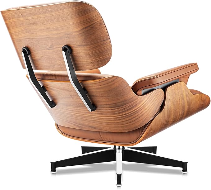 Top Grain Leather, Mid Century Chaise Lounge Chair and Ottoman, Modern Chair Classic Design, Heavy Duty Base Support for Living Room Study Lounge Office, Walnut-Brown, Heightening