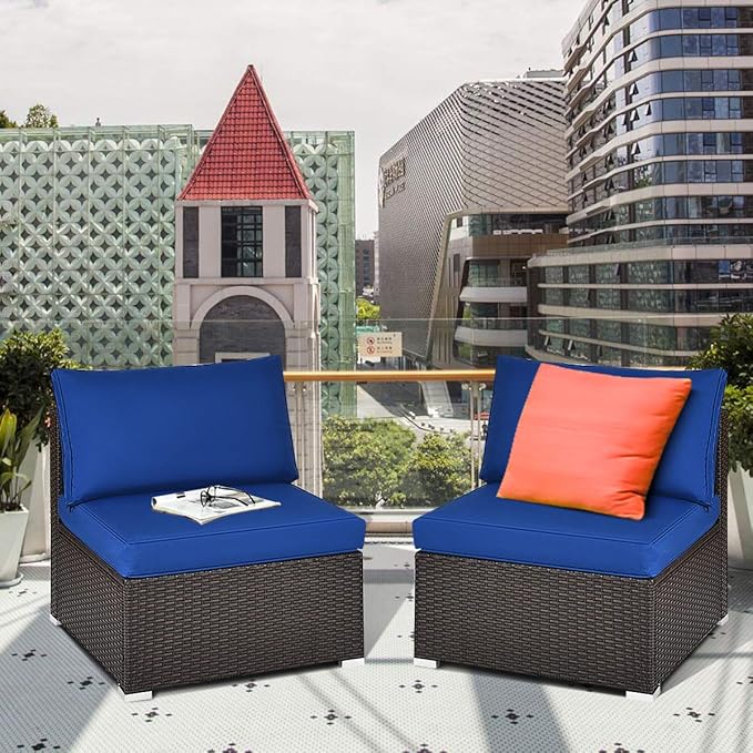 COSTWAY 2PCS PE Rattan Armless Sofa, Wicker Patio Conversation Set Chairs with Soft Cushion, Outdoor Sectional Furniture for Yard, Poolside (Navy)