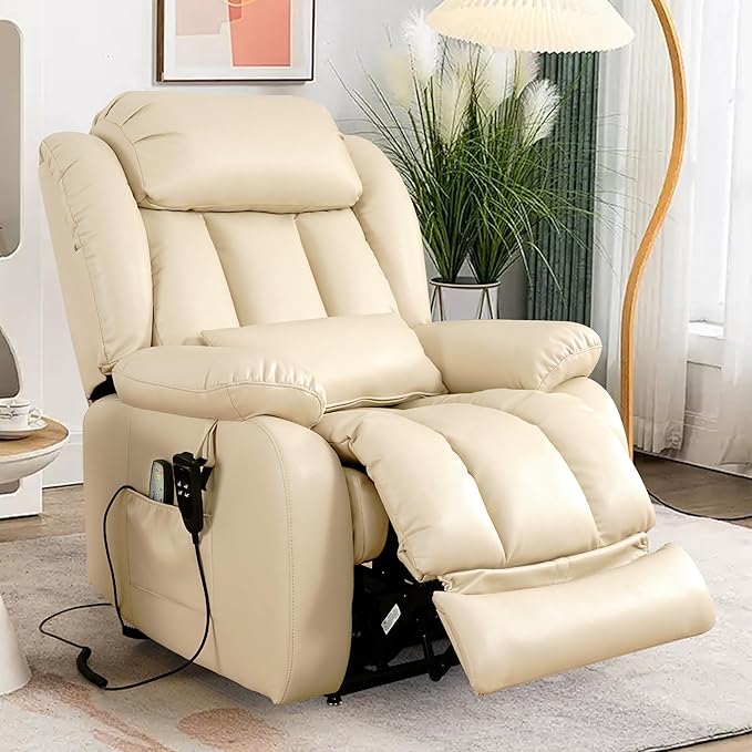EDILLY Large Reclining Lift Chair, Dual Motor Massage Chair, Genuine Leather Recliner with Heating and Massage for Seniors, with Double Lumbar Cushion and Extended Footrest, USB Port(Beige)