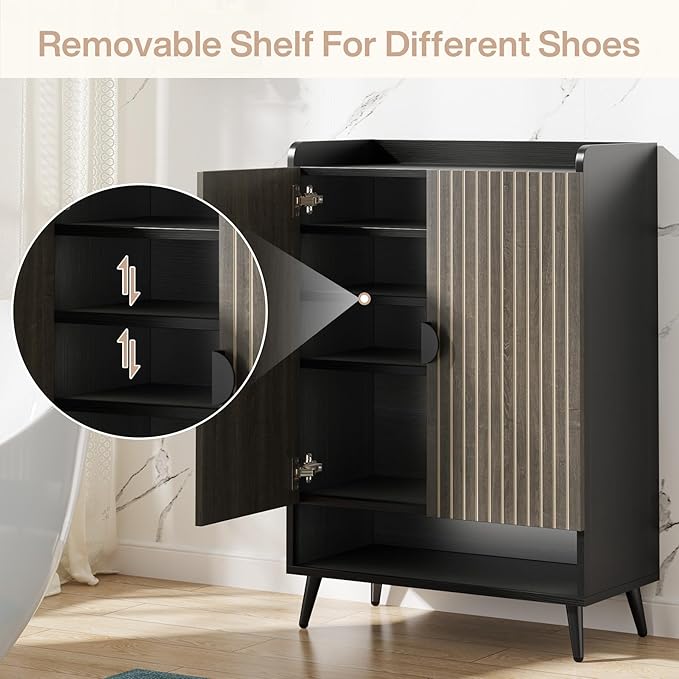 Tribesigns Shoe Cabinet with Doors, 7-Tier Shoe Storage Cabinet with Adjustable Shelves, Wooden Shoes Rack Shoe Storage Organizer for Entryway, Hallway, Closet, Living Room, Gray