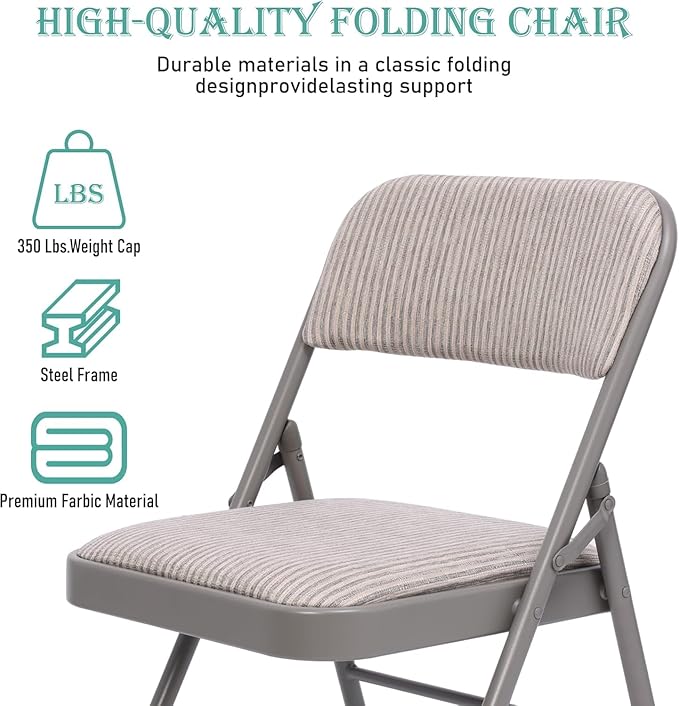 SEALAMB 6 Pack Fabric Folding Chairs with Padded Seats & Cushion, Metal Foldable Chairs for Wedding Party, Commercial Chairs for Office School Church Events, 350lb Capacity (Gray-Fabric, 6 Pack)
