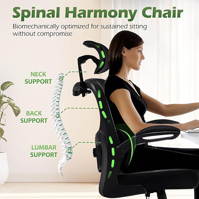 Office Chair Ergonomic Desk Chairs with Adjustable Lumbar Support& Headrest Hanger, High Back Breathable Mesh Chair with Wheels, Rolling Swivel Comfy Task Computer Chair for Home Work Gaming