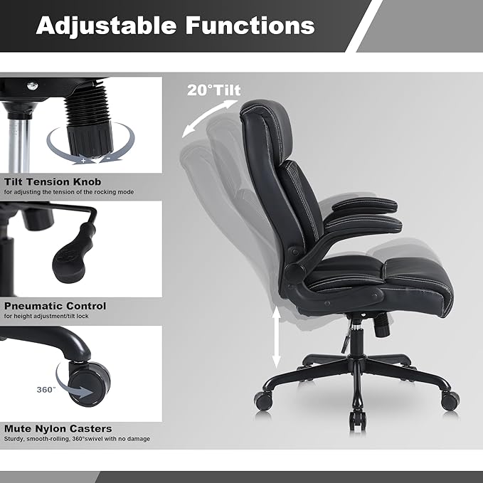 Youhauchair Executive Office Chair, Ergonomic PU Leather Computer Desk Chair with Lumbar Support, Flip-up Armrests and Adjustable Height, for Home Office, Black