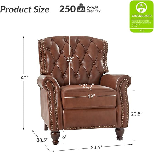 HULALA HOME Genuine Leather Recliner Chair with Solid Wood Feet, Modern Adjustable Tufted Push Back Arm Chair w/Rivet Decoration, Home Theater Seating Single Reclining Sofa for Living Room, Brown