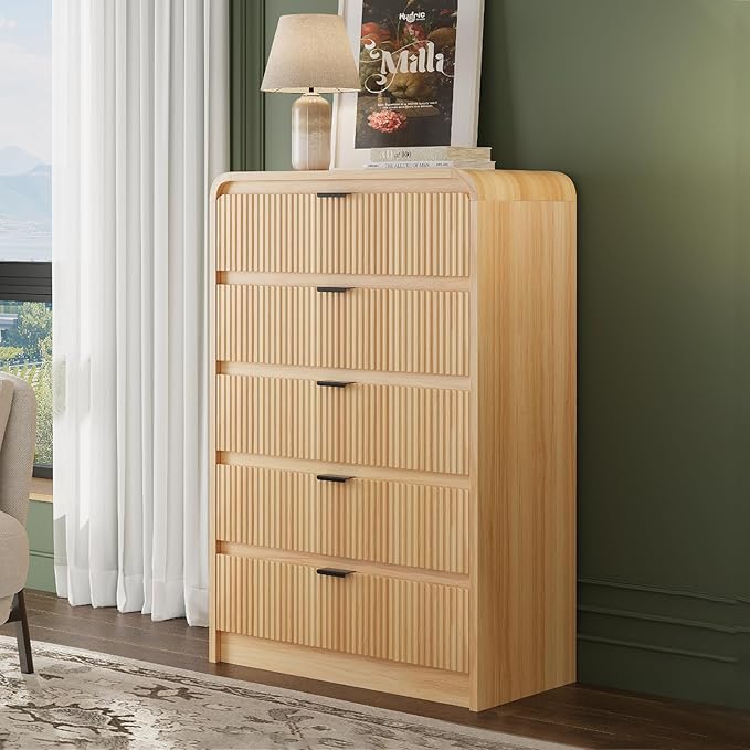 FURSUN Fluted 5 Drawers Dresser for Bedroom, 48" Tall Wooden Modern Dresser with Metal Handle, Curved Profile Design, Storage Organizer for Bedroom, Hallway (Natural Oak)