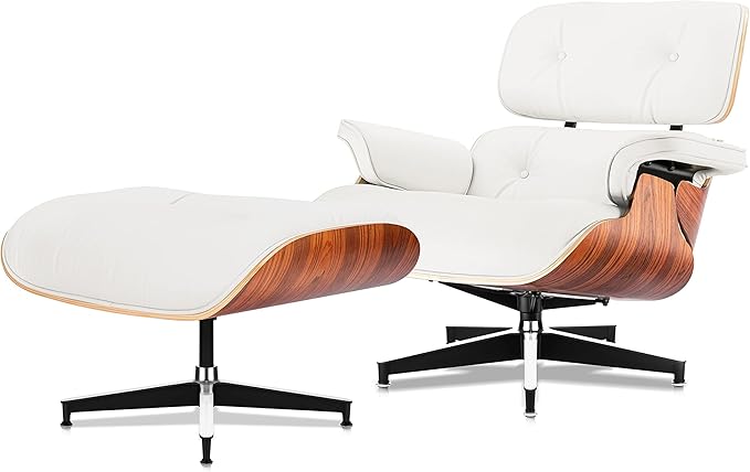 Top White Grain Leather, Mid Century Chaise Lounge Chair and Ottoman, Modern Chair Classic Design, Palisander Wood, Heavy Duty Base Support for Living Room Office
