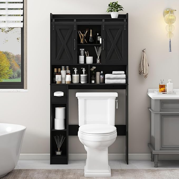Vabches Over The Toilet Storage Cabinet, Farmhouse Storage Cabinet Over Toilet with Sliding Doors & Toilet Paper Holder Stand,Home Space-Saving Toilet Rack, for Bathroom, Laundry and Restroom.Black