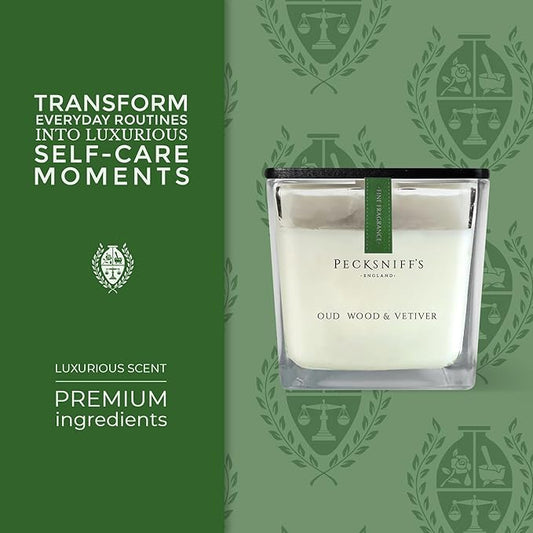 Pecksniff's Prestige 1 Wick Square Candle, Oudwood & Vetiver - Luxurious Blend of Citrus, Florals, and Precious Woods - 190g Sophisticated Home Decor and Fragrance - 6.7 oz