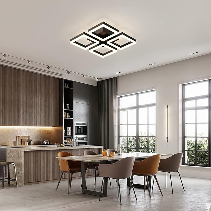 GEADI Led Ceiling Light, Modern 4-Square Ceiling Lamp 52W Dimmable Flush Mount Ceiling Chandelier for Living Dining Room Bedroom Kitchen, Black