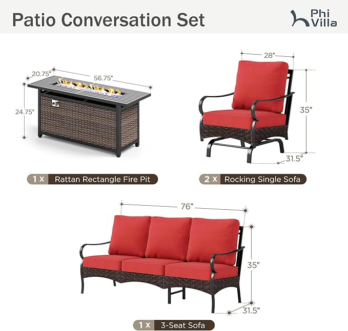 Patio Furniture Set with 56" Fire Pit Table, Premium Outdoor Wicker Metal Frame Furniture with Upgraded Waterproof Thick Cushions for Porch, Poolside, Deck, and Yard (4 Pieces,Red