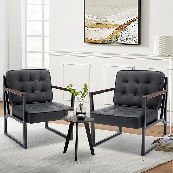 COLAMY Black Leather Accent Chair, Accent Arm Chair for Living Room, Comfy Armchair with Metal Legs for Living Room Bedroom Reception Waiting Room