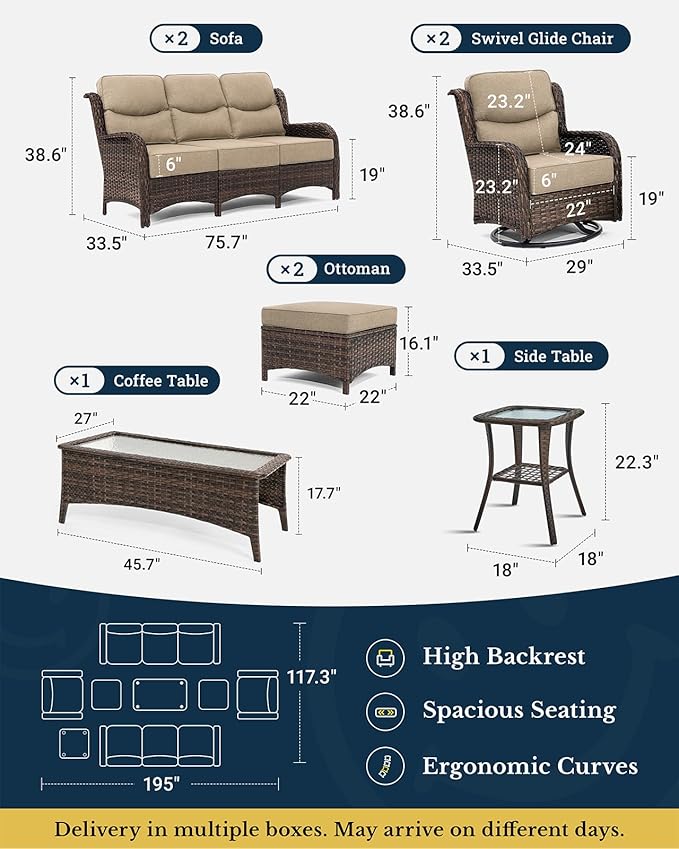 HILLGA Luxury Patio Furniture Set with 6-inch Thick Cushion, Outdoor Couch and High Back Swivel Rocker Patio Chairs, 8PCS Wicker Conversation Set for Deck Yard and Poolside, Beige (V2)
