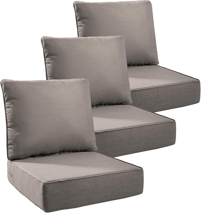 Luxury 6" Outdoor Cushions for Patio Furniture, 24x24x6" Thick Seat Cushion Set of 3, Fade Resistant Couch Chair Replacement Cushions High Density Deep Wicker Chair Cushion w/ Removable Cover Gray