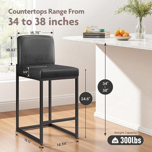 ALPHA HOME Counter Height Bar Stools, 24” Kitchen Counter Stools Set of 1, Pu Leather Kitchen Modern Bar Chairs with Back&Footrest, Sturdy Chromed Metal Steel Frame, Black