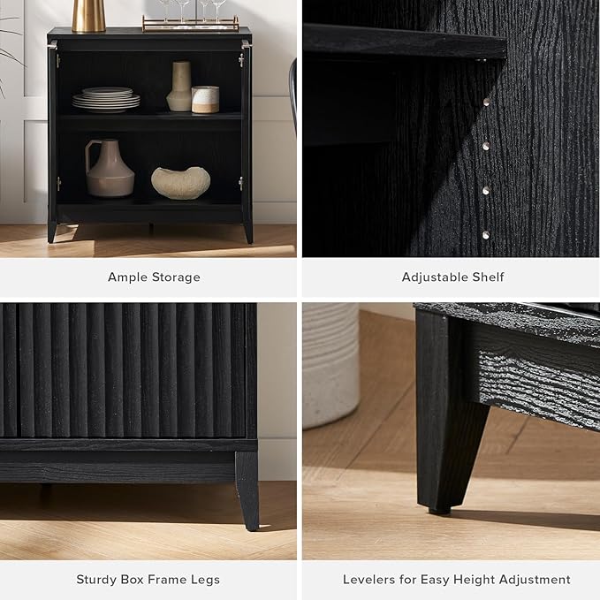 mopio Brooklyn Storage Cabinet, Modern Farmhouse Entryway Accent Case, Buffet Sideboard, Console Table, Credenza, Wood Modular Organizer with Doors & Shelf, Fluted Panel Cupboard (Black, Set of 2)