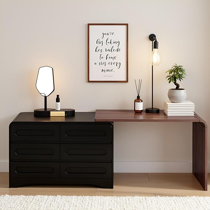 6 Drawer Dresser with Extendable Table, L-Shaped Desk & Vanity Combo, 47" Wood Dresser & Chest of Drawers, Modern Closet Clothes Storage Dressers Organizer for Bedroom Living Room Hallway, Black