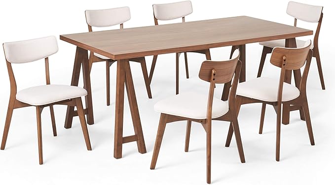 Christopher Knight Home Rachel Mid-Century Modern 7 Piece Dining Set with A-Frame Table, Light Beige + Walnut