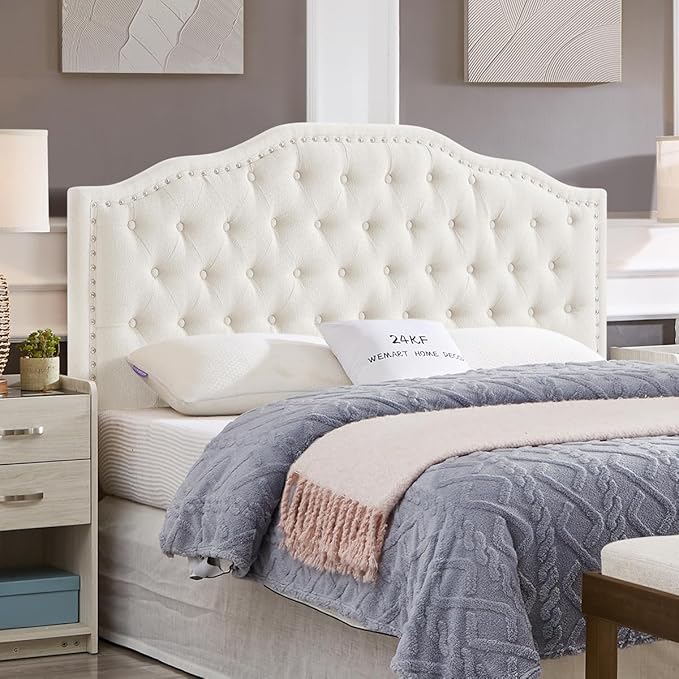 24KF Upholstered Button Tufted Queen Headboard with Nailhead Trim, Elegant Boucle Fabric Full headboard, 6031-Q-Boucle-Ivory