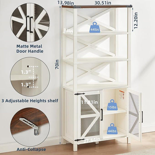 5 Tier Bookshelf 70" Tall Bookcase with Barn Doors,Large Farmhouse Display Book Shelf with Adjustable Shelves and Storage Cabinet,Library Wood Bookshelves for Living Room,Kitchen,White(3PCS)