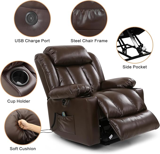 PARKOL Power Lift Recliner Chair for Elderly Breathable Leather Recliner Chair with Massage and Heat for People Limited Mobility (Brown, Small)