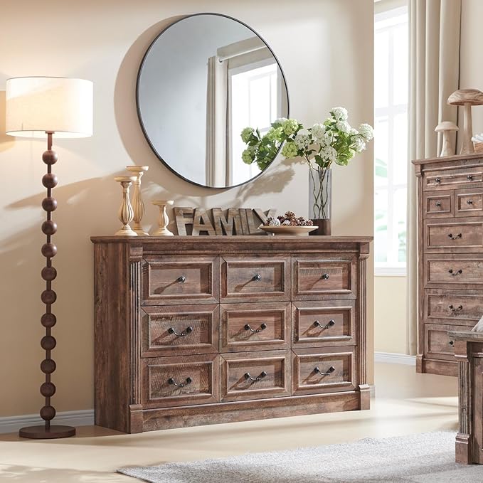 9 Drawers Dresser for Bedroom, Farmhouse 55" Wide Dressers & Chests of Drawers w/Roman Column, Large Storage Dressers Organizer for Bedroom, Living Room, Hallway, Light Brown