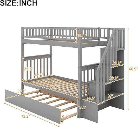 Twin-Over-Twin Bunk Bed with Trundle,Guardrail and 4 Storage Shelves,Wood Bunk-Bed W/Planked Panel Headboards & Footboards,Bedroom Furniture for Children,Teens,Adults,Gray