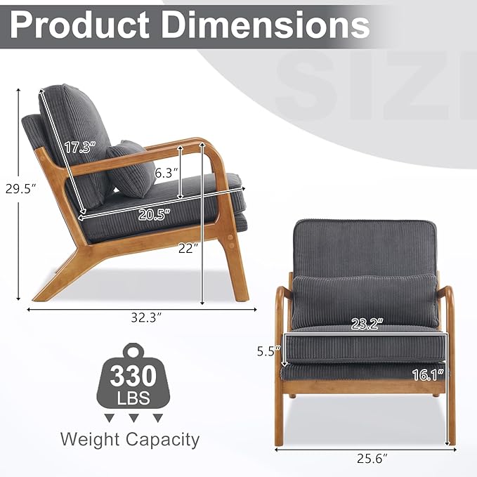 Karl home Mid-Century Modern Accent Chair, Living Room Chairs with Pillow Corduroy Upholstered Lounge Armchair with Solid Wood Frame & Soft Cushion for Bedroom, Reading Room, Dark Gray