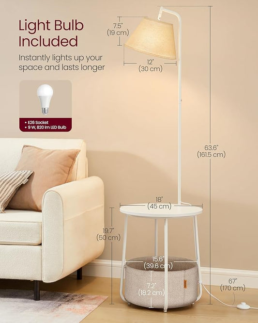 VASAGLE End Table with Lamp, 3-in-1 Floor Lamp with Table and Fabric Basket for Living Room, Tunable LED Bulb Included, Angle-Adjustable Lampshade, Matte White ULFL004WC01S