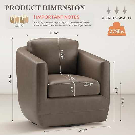 COLAMY 360° Swivel Accent Chair Set of 2 with Pillow, Leather Living Room Armchair No-Sag Foam & Sturdy Metal Base, Fully Assembled Swivel Single Sofa for Bedroom Living Room, Reading Room, Wolf Grey