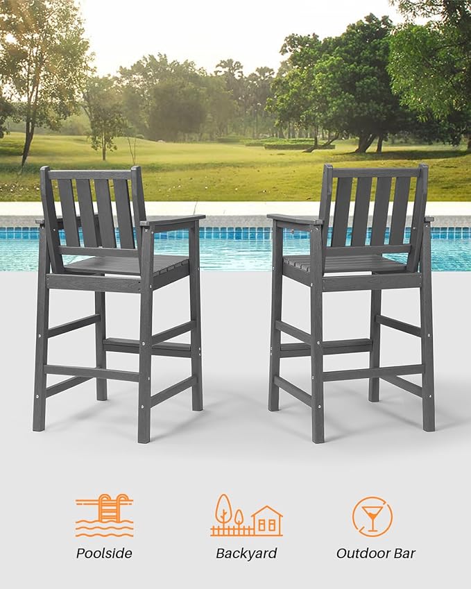 Adirondack Bar Chair Set of 2, HDPE Tall Adirondack Chairs Bar Stools with Footrest, Outdoor Bar Height Stool Chair Set, HDPE Patio Barstools Set for Balcony, Porch, Deck, Pool, Smoke Gray