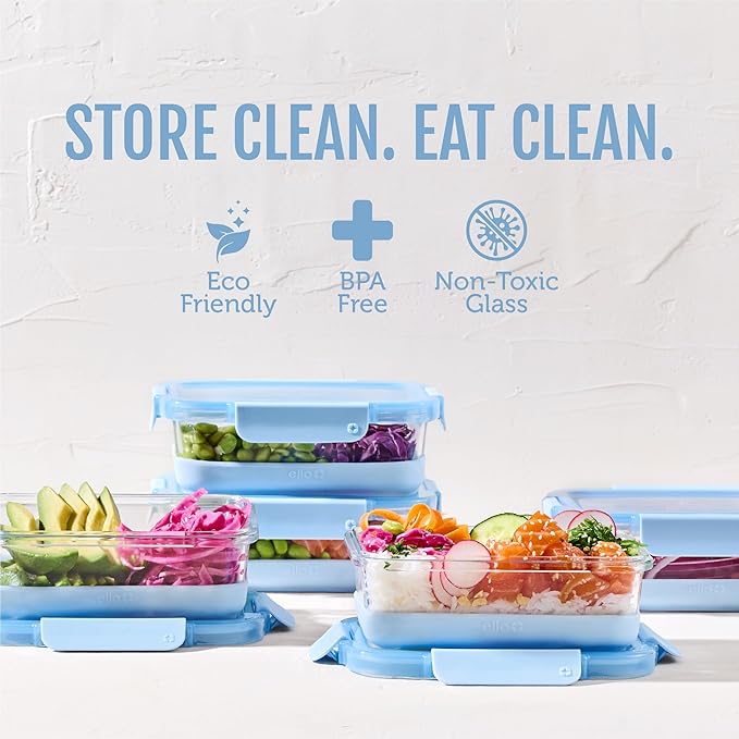 Ello Duraglass 3.4 Cup Meal Prep Sets 10Pc, 5 Pack Set- Glass Food Storage Container with Silicone Boot and Airtight BPA-Free Plastic Lids, Dishwasher, Microwave, and Freezer Safe, Halogen Blue