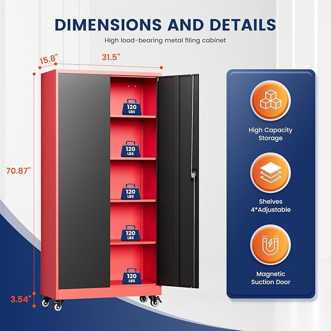 Yizosh Metal Garage Storage Cabinet with Locking Doors and Adjustable Shelves,- 75" Rolling Steel Tool Cabinet for Home Office,Garage,Warehouse