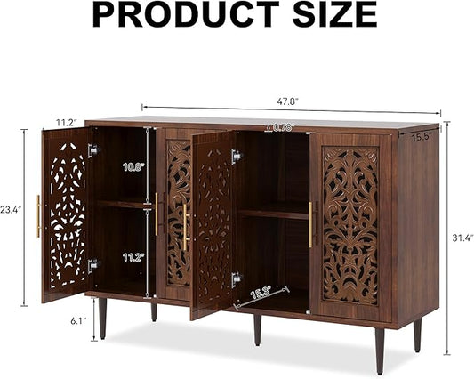 ARTPOWER 47.8" Accent Cabinet with 4 Doors, Vintage Hollow Carving Buffet Cabinet, Sideboards and Buffets with Storage, Credenza for Living Room, Kitchen, Dining Room, Entryway, Hallway, Brown