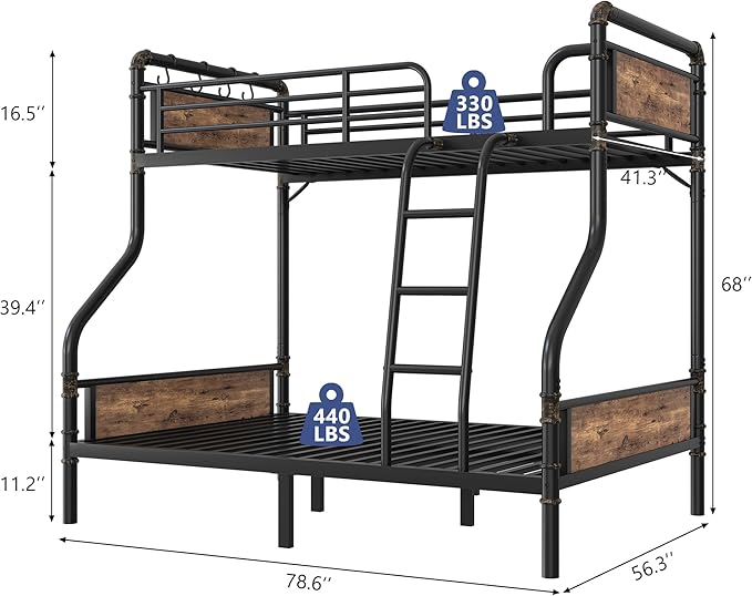 Metal Bunk Bed Twin Over Full, Industrial Bunkbeds Heavy Duty Bed with Safety Guard Rails and Space-Saving Design, Steel Bed for School, Bedroom (Vintage Brown)