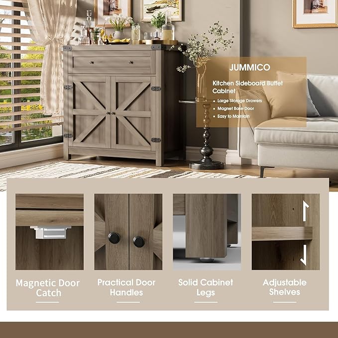 JUMMICO Coffee Bar Cabinet Farmhouse Kitchen Sideboard Buffet Cabinet with Drawer and Adjustable Shelf Barn Door Storage Cabinet for Kitchen, Dining Room, Bathroom, Entryway (Rustic Oak)
