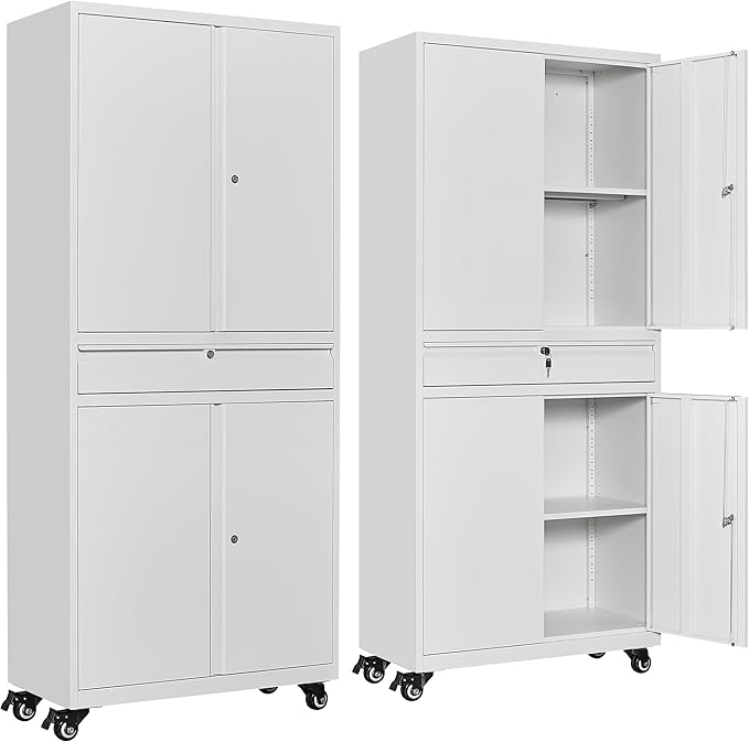 SISESOL White Metal Storage Cabinet with Wheels and Drawer,Rolling Garage Cabinet with Locking Doors and Adjustable Shelves,73" Mobile Tall Large Metal Cabinets for Home,Office,Garage,Shop